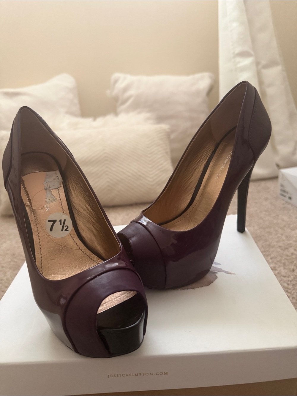 BCBGeneration Women's Patent Peep-Toe High Heels in Plum